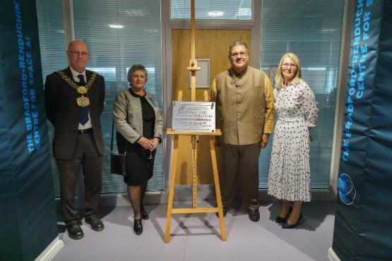 Plaque reveal for The Bradford-Renduchintala Centre for Space AI, with the Lord Mayor of Bradford, the High Sherif of West Yorkshire, Dr Murthy Renduchintala, and Professor Shirley Congdon