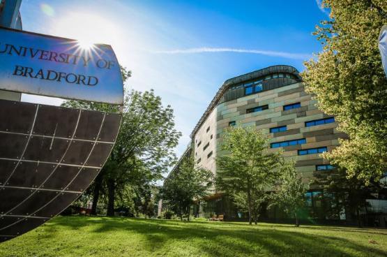 University of Bradford campus, showing UoB sign and buildings in background